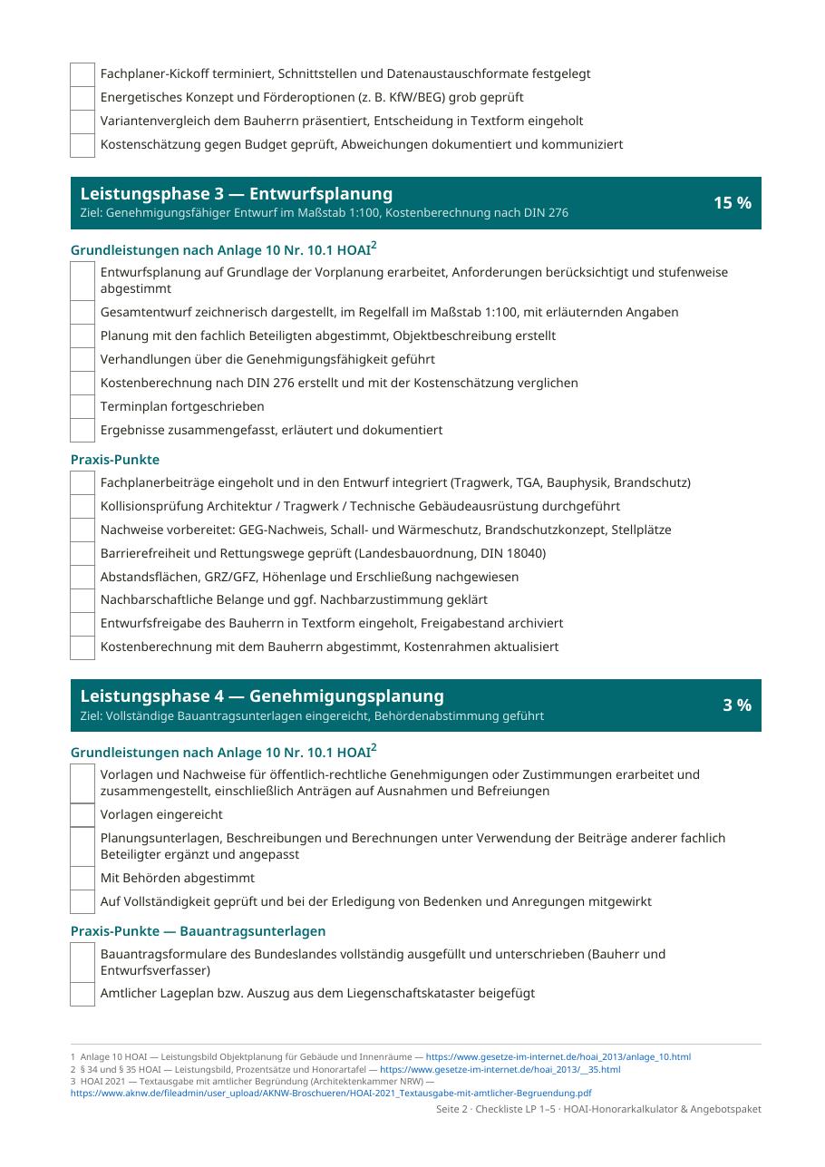 Innenseite der Checkliste mit den Grundleistungen der Leistungsphasen 3 und 4